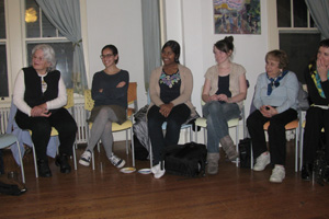 Vassar College students and members of the Dutchess County Interfaith Story Circle share stories based around the theme of "travel". Photo by Muriel Horowitz